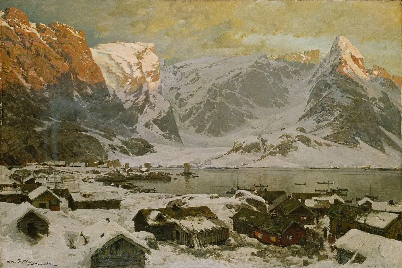Historic painting of a snowy fjord village