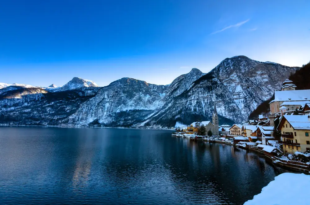 Mountain village on a frozen lake